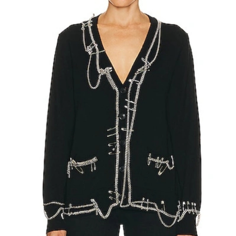 R13 Chain Embellished Merino Wool Cardigan In Black